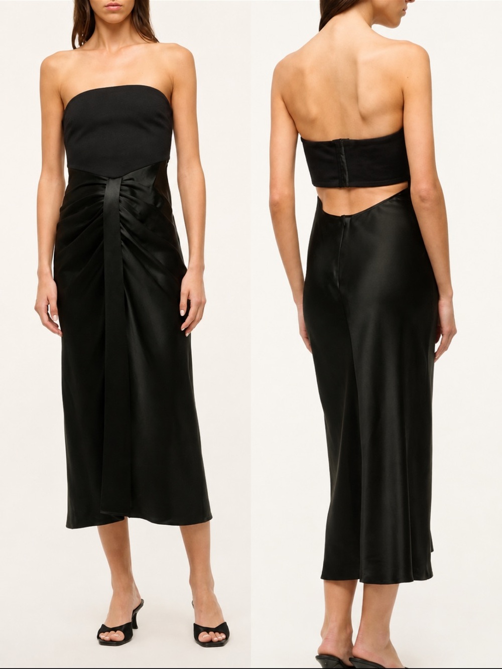 NWT STAUD Wayfaring Black Strapless Satin Midi Dress. Size 14